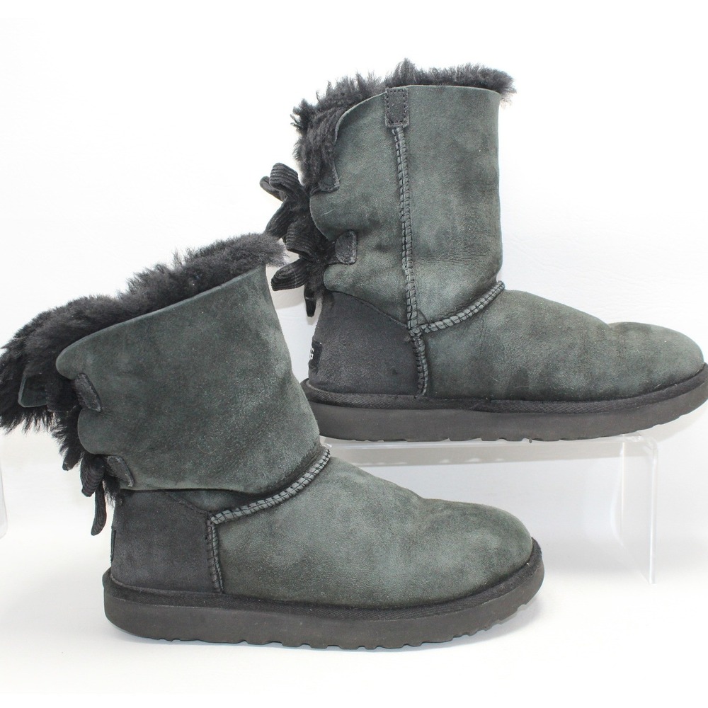 UGG Bailey Bow II Boots Grey‎ Suede Sheepskin Mid Calf 1094312 Womens 7